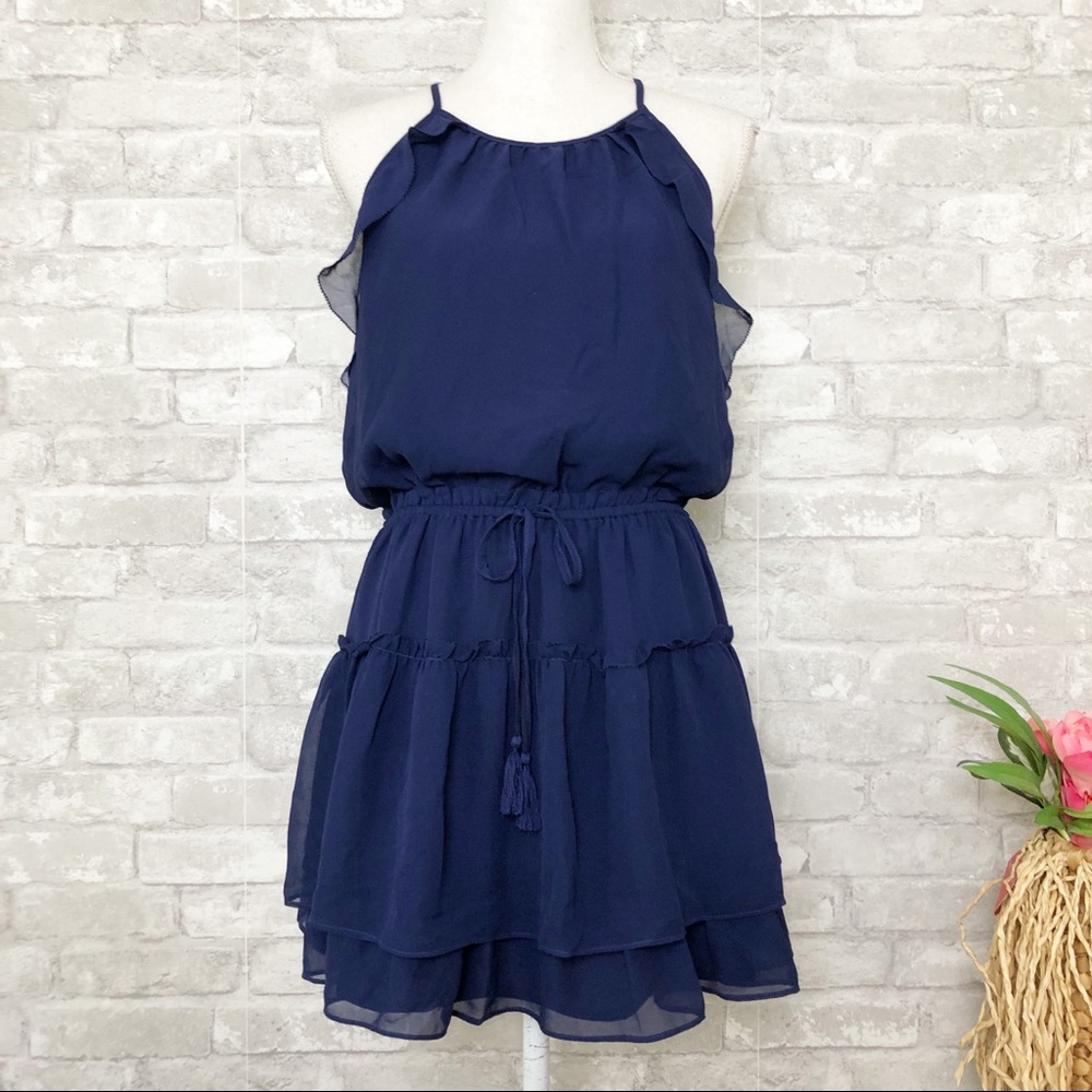GREYLIN Blue Tami Ruffle Halter Navy Chiffon Minidress Short Casual Dress Medium